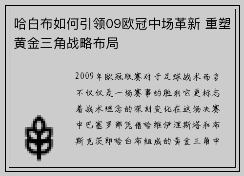 哈白布如何引领09欧冠中场革新 重塑黄金三角战略布局